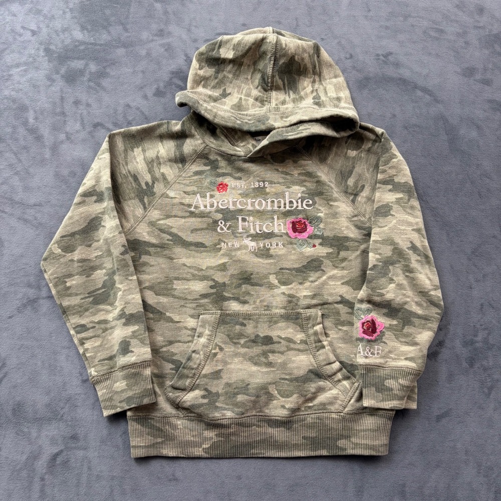 Abercrombie Kids Camo Floral Embroidered Hoodie Sweatshirt Green Size 7/8